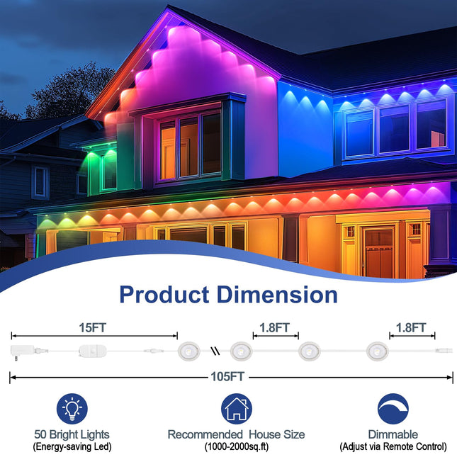 Brightever Permanent Outdoor Lights, RGBW Outdoor Lights 105FT with 50 LED Eaves Lights, IP65 Waterproof Year-Round Outdoor Lighting for Daily, Christmas Decor, 36W Low Voltage