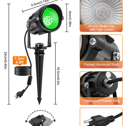 Halloween Green Landscape Lights Outdoor, 14 LED Landscape Lighting with US Plug, IP65 Waterproof Spotlights for Tree Yard Garden Pathway Christmas St. Patrick's Day Decor 2 Pack