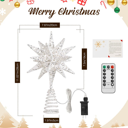 Lewondr Christmas Star Tree Topper, 3D Star Plugged Decorative Treetop with LED Light Beads for Home Holiday Xmas Decor 6-Hour Timer Function 5m Cable, Silver