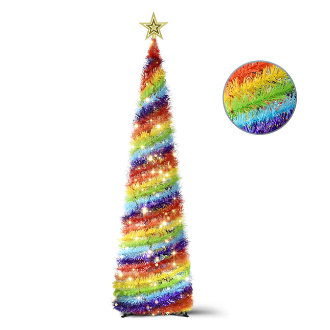 5FT Pop Up Christmas Tree with LED Lights and Tree Topper- Collapsible Artificial Tinsel Pencil Christmas Tree, Skinny Xmas Tree for Indoor Home Apartment Porch Holiday Party Decorations(Rainbow)