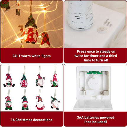 PEIDUO Christmas Decorations Indoor 2 FT 24 LT Lighted Birch Tree with 8 Christmas Gnome Ornaments Battery Powered with Timer for Home Table Party Festival Wedding Decor (2PK)