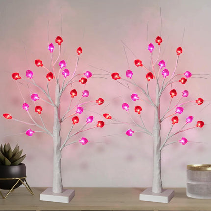 24 Inch Valentine's Day Tree Decorations Tabletop Lighted Birch Tree with 24 Red Pink Heart LED Lights, Battery Operated with Timer Valentines Tree for Home Indoor Party Wedding Decor (2Pack)