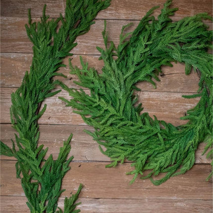 Real Touch Norfolk Pine Christmas Garland and Wreath Set, 24IN Green Wreath and Christmas Garland Artificial Faux Greenery Norfolk Pine for Holiday Indoor Mantle Decor (6FT - 24IN)
