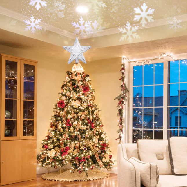 Yostyle Christmas Tree Topper Lighted with LED Snowflake Projector Lights, Lighted Star Tree Topper for Christmas Tree Decorations