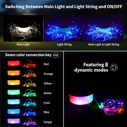 Camping String Lights,2 in 1 d 32.8FT Rechargeable Tent Lights String with 19 Lighting Modes,Quick Storage Camping Lights，Portable LED Lamp for Bedroom Yard Decor Christmas Camping Essentials