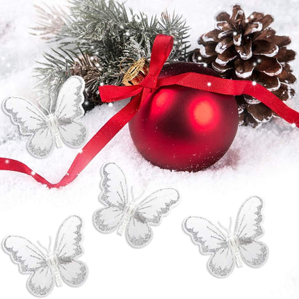Firlar Christmas Glitter Butterfly Ornament, 24 Pcs DIY Craft Butterfly Clip on Christmas Tree Ornaments Simulation Butterfly for Xmas Tree Wreaths Party Wedding Decor