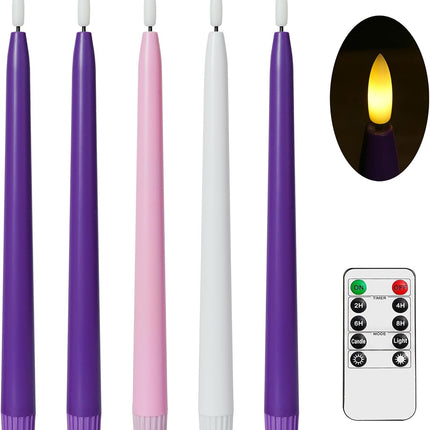 Flameless Advent Candles, Set of 5 - Flickering LED Flame, 11 Inch Taper Candlesticks, Remote Controlled - 3 Purple, 1 Pink, 1 White for Christmas Wreath