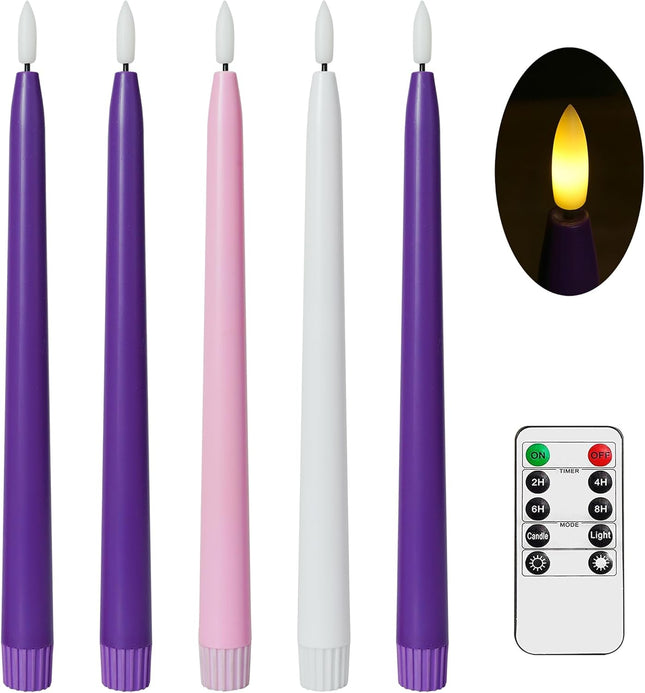 Flameless Advent Candles, Set of 5 - Flickering LED Flame, 11 Inch Taper Candlesticks, Remote Controlled - 3 Purple, 1 Pink, 1 White for Christmas Wreath