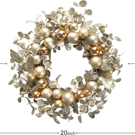 TEMPUS 20" Christmas Ball Wreath Golden Ornament Wreath Decoration for Christmas Festival Celebration Front Door Home Party Decors Shatterproof Hanging Ornament Wreath