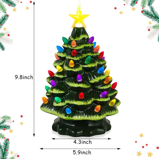 2 Pieces 9.8 Inch Ceramic Christmas Tree with Multicolored Lights Vintage Green Tabletop Christmas Tree with Lights and Star Topper Lighted Desk Classic Series Christmas Decoration