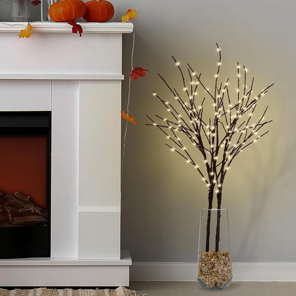 2 Pack Lighted Brown Willow Branches for Vases, 32IN 100 LED Artificial Tree Branches Lights with Timer, Plug in Lighted Brown Twig Branches for Home Fireplace Christmas Party Decoration
