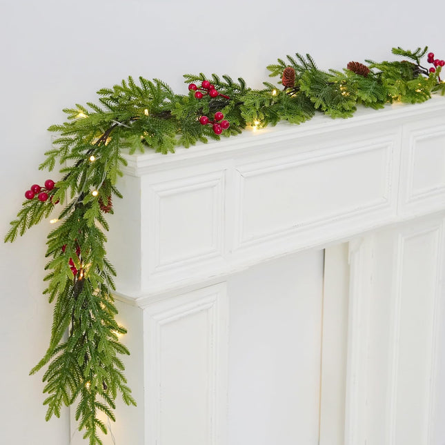 Christmas Norfolk Pine Garland,9Ft Real Touch Norfolk Pine Garland, Artificial Pine Greenery Christmas Garlands for Table Fireplace Wall Home Indoor Outdoor Decoration