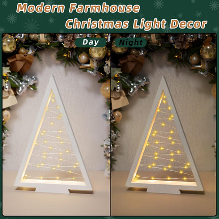Set of 3 Tabletop Wood Christmas Tree with Lights, Lighted Wooden Triangle Christmas Trees with Remote Timer Farmhouse Holiday Xmas Tree Decorations for Home Fireplace Mantle Decor (White)