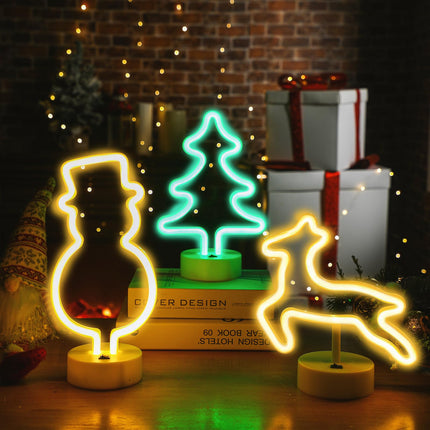 VIHOSE 3 Pcs Christmas Neon Sign LED Night Lights Lamp with Holder Base Snowman Reindeer Christmas Tree Shaped Lights Battery/USB Powered Christmas Neon Lights for Christmas Room Decor