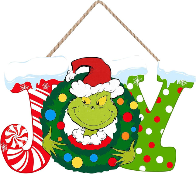Christmas Door Decorations, Wooden Joy Hanging Signs Merry Christmas Sign Christmas Wreath for Front Door Xmas Door Wall Tree Decorations Indoor Outdoor