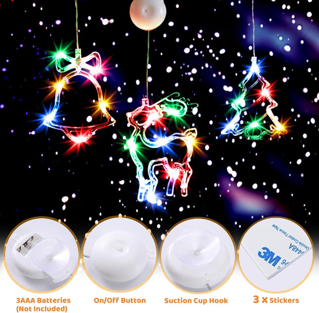 Brightown 3 PCS Lighted Christmas Window Decorations Light up Bell X-Mas Tree Reindeer Battery Operated with Suction Cup Hook for Christmas Window Glass Wall Indoor Decorations Muti-Color