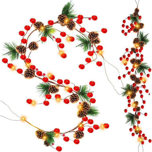 2 Pack Pine Cone Christmas String Lights Christmas Garland, Total 12Ft 40LED Battery Operated Christmas Garland with Lights Timer Red Berry Pinecones Fairy String Lights Xmas Decoration Indoor Outdoor