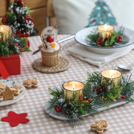 Christmas Candle Ring, 4 Pcs Votive Candle with Red Berry Pinecone, Xmas Ring Candle for Table Centerpiece Decoration Wedding Holiday,Gold