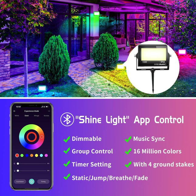 LED Flood Light Outdoor with Stake, Halloween RGB Floodlights DIY Color Changing Stage Party Lights, Bluetooth Smart Landscape Lighting by App Control- Timing-20 Modes for Garden Yard, 4 Packs
