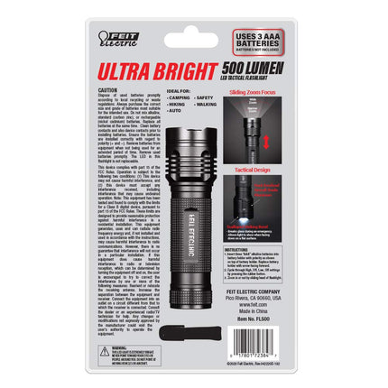 Feit Electric FL500 Ultra Bright 500/170 Lumens 3-Cell AAA, Zoomable Strike Bezel LED Tactical Flashlight, 4.6" L x 1.3" D Black