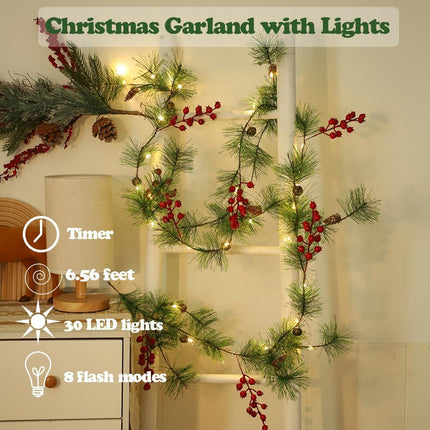 Christmas Garlands 6.56FT 30 LED Remote Garland with Lights Battery Operated Pine Garland with Artificial Greenery Garland Christmas Decorations Timer & 8 Flash Modes