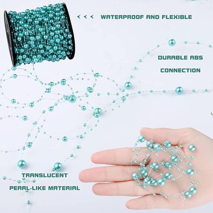 200 Feet Teal Blue Pearl Beads Garland Chain Christmas Artificial Pearl Strands Bead Decor Round Shiny Beads String Garland for Christmas Tree Party Decor Teal Wedding Bridal Bouquet Craft DIY