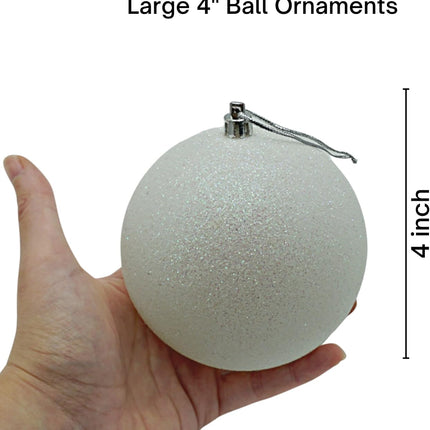 4E's Novelty 4’’ Large Snowball Ornaments (4 Pack) - Iridescent Christmas Ornaments, Sparkly White Christmas Decor, Pre-Strung, Shatterproof, Large Christmas Ornament Balls for Christmas Decoration