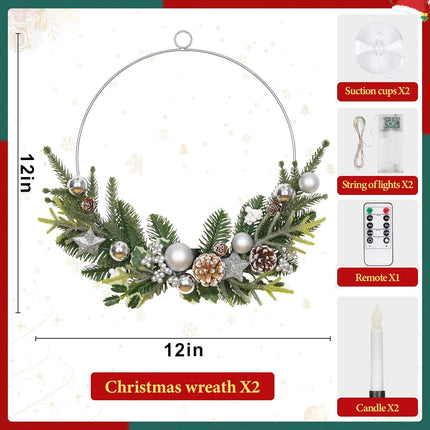 Dolicer 2 Pcs Christmas Wreaths for Windows, 12In Christmas Wreaths for Front Door Christmas Wreath with Lights Christmas Window Wreath with Taper Candles Remote Control for Holiday Christmas Party
