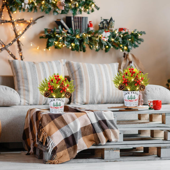 2 Pack Christmas Table Decorations, Potted Christmas Tree with Lights, Pine Cones and Berries, Christmas Plants Artificial, Christmas Centerpieces for Tables, Home, Mantel Holiday Decor