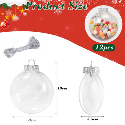 Clear Christmas Balls, 12pcs DIY Christmas Baubles, Decorative Tree Decoration, Hanging Ball, 8 cm, Transparent Fillable Baubles for Christmas Tree, Party, Wedding, Birthday, Home, Box(Flat)