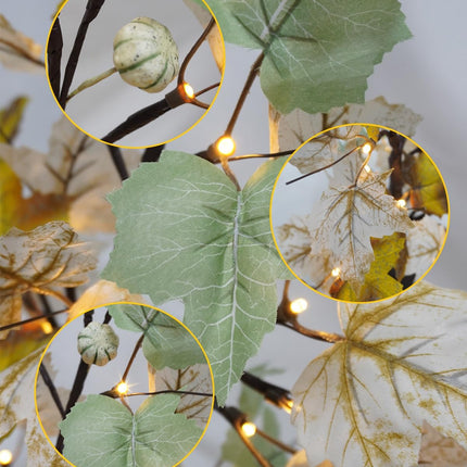Uieke 2 Packs 24inch Artificial Lighted Fall Maple Tree 48 LED Fall Decor Table Lights with 6 White Pumpkins Battery Operated Timer, Fall Decorations or Home Thanksgiving Autumn Harvest (Green White)