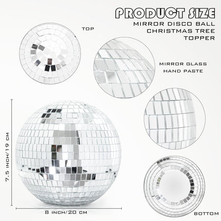 Silver Christmas Tree Topper 8 Inch Mirror Disco Ball Tree Topper, Cool and Fun Disco Ball for Xmas Tree Decorations, Ideal for DJ Club, Party, Wedding and Home Décor