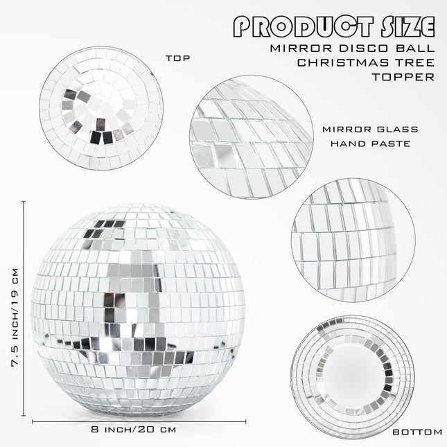 Silver Christmas Tree Topper 8 Inch Mirror Disco Ball Tree Topper, Cool and Fun Disco Ball for Xmas Tree Decorations, Ideal for DJ Club, Party, Wedding and Home Décor