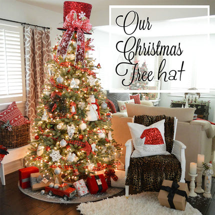 Christmas Tree Topper Hat, Red Candy Cane Bow Christmas Tree Top Toppers with 6.5ft Ribbon Light, Shiny Xmas Santa Tree Toppers Christmas Decorations for Holiday Decor