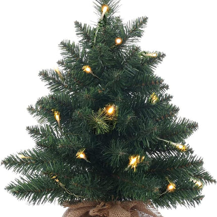 Pre-Lit Artificial Mini Christmas Tree,20 inch Miniature Pine Xmas Tree with 20 LED Lights,70 Branch Tips,Desktop Christmas Tree Burlap Base-(50cm)