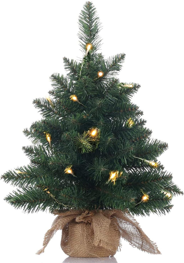 Pre-Lit Artificial Mini Christmas Tree,20 inch Miniature Pine Xmas Tree with 20 LED Lights,70 Branch Tips,Desktop Christmas Tree Burlap Base-(50cm)