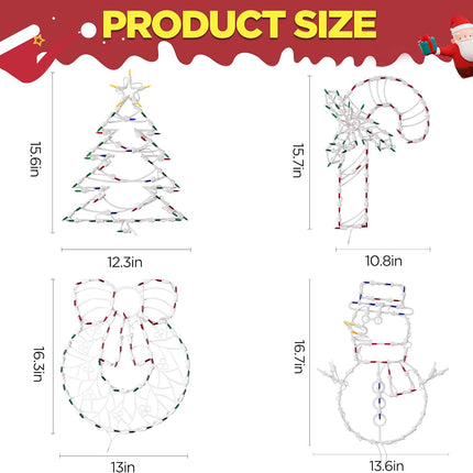 Christmas Window Decorations Lighted, 4 Pack 16" Plug-in Christmas Window Silhouette Lights for Christmas Holiday Indoor Wall Decorations (Cane & Wreath & Xmas Tree & Snowman)