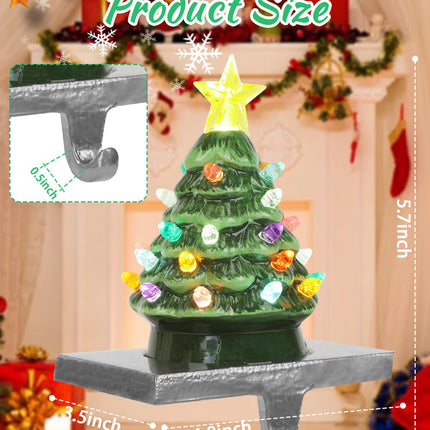 Ceramic Christmas Tree Stocking Holders for Mantle, Set of 2 Christmas Tree Stocking Hangers with LED Light for Fireplace, Green White Christmas Tree Stocking Hangers for Window Christmas Decoration
