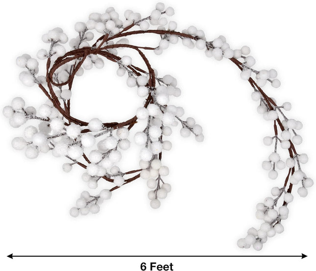 6 Feet Decorated Christmas White Berry Garland Holiday Decorations with Artificial Winter Snowy Berries for Xmas Indoor Outdoor Staircase Railing Banister Gate Door Fireplace Mantel Window Table Decor