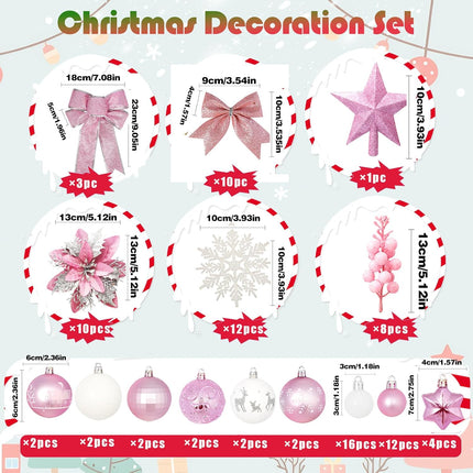 Christmas Tree Decoration Set, 88 Pcs Pink Christmas Ornaments Set with Pink White Christmas Ornaments Balls,Christmas Glitter Poinsettia Flowers,Glitter Berries Stems, Snowflakes, Bow for Christmas