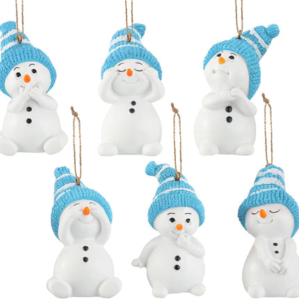 Lyrow 6 Packs Resin Snowman Christmas Ornament with Various Animated Faces Christmas Tree Hanging Decorations, Party Decors for Holiday Stocking Stuffers Tree Wreath Mantel Garland Decor (Blue)