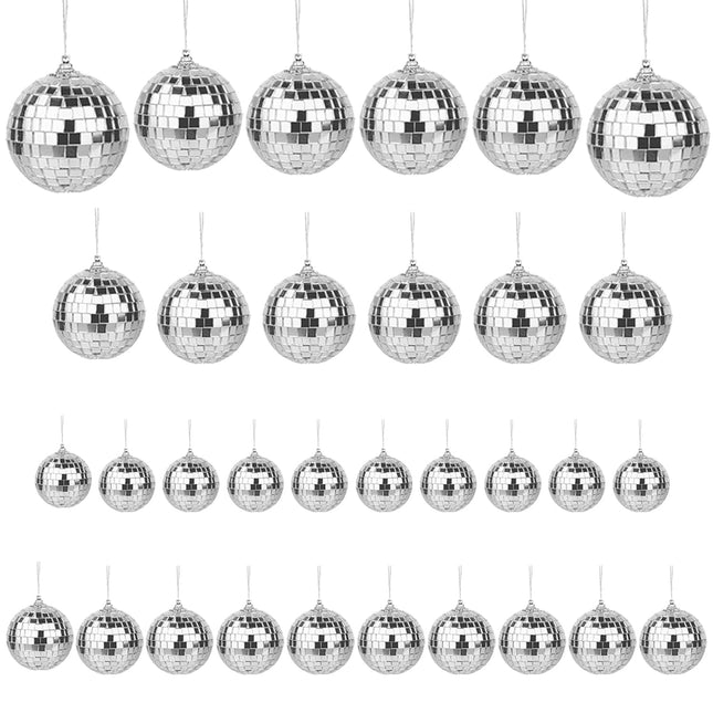 32 Pcs Mirror Disco Ball, MaehSab 5 Sizes Reflective Hanging Disco Ball with Rope, 70s 90s Party Mini Disco Balls Ornaments for Wedding Cake Topper Decor, Silver Disco Ball Christmas Decoration