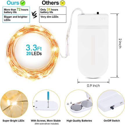 20 Pack Fairy Lights Battery Operated 3.3ft 20 LED Mini String Lights Copper Wire Firefly Starry Lights for Mason Jars Wedding Centerpieces Party Christmas Decor, Warm White