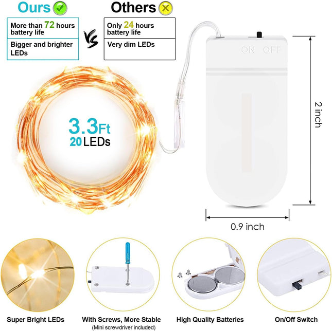 20 Pack Fairy Lights Battery Operated 3.3ft 20 LED Mini String Lights Copper Wire Firefly Starry Lights for Mason Jars Wedding Centerpieces Party Christmas Decor, Warm White