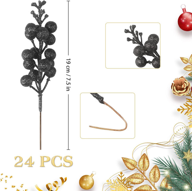 24 Pack Glitter Black Berry Stems, 19 CM Artificial Burgundy Red Berry Picks Holly Red Berries Branches Christmas Berry Stems for Christmas Tree Garland Wreath Crafts Wedding Winter Home Decoration