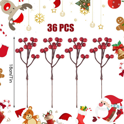 YIYA 36 Pcs Christmas Holly Berries Artificial Red Berry Stems Christmas Berry Stem for Wreath Decorations Christmas DIY Crafts Decoration Christmas Tree Ornaments