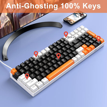 Camiysn Wired Mechanical Gaming Keyboard, 100 Keys Compact Gaming Keyboard with Number Pad LED Blue Backlit Yellow Switches Keyboard for PC Laptop, White