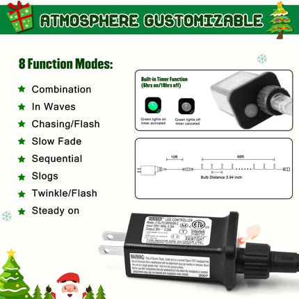 JMEXSUSS 200 LED White Christmas Lights Outdoor, 66ft Connectable Christmas Tree Lights Green Wire, 8 Modes Waterproof Christmas Twinkle String Lights Plug in for Xmas Wedding Party Indoor Decorations