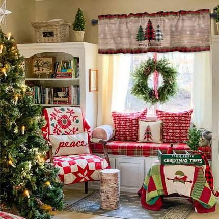 Merry Christmas Tree Valances Windows Curtain Farm Xmas Tree Kitchen Valances Rod Pocket Snowflake Red Black Buffalo Plaid Check Short Topper Curtains Winter Holiday Christmas Decor 1 Panel,54x18in