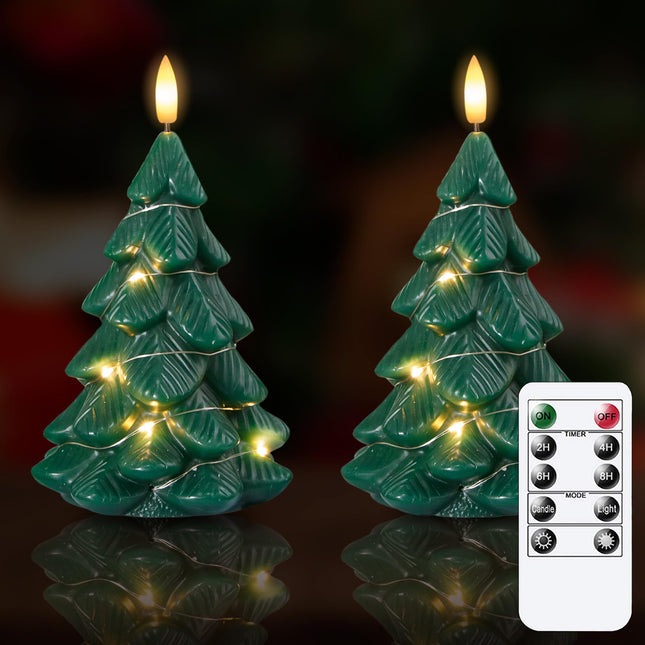 Flameless Flickering Remote Christmas Tree Shaped Candles with Light Strings, 4" x7" LED Battery Operated Green Handmade Carved Wax Timer 2 Pack Candles for Xmas Eve, Year, Christmas